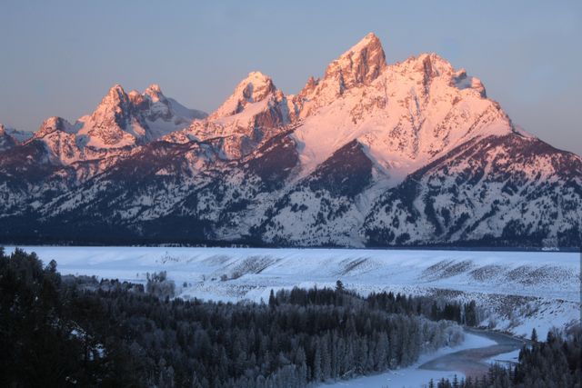 TetonsWinter -- Sunrise on the Grand Teton with Snake River in foreground 
