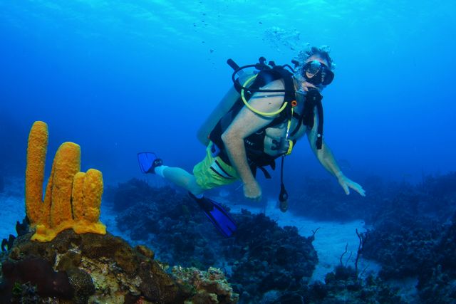 Cayman Diving -- Bob Spalding with Tube Sponges in foreground 