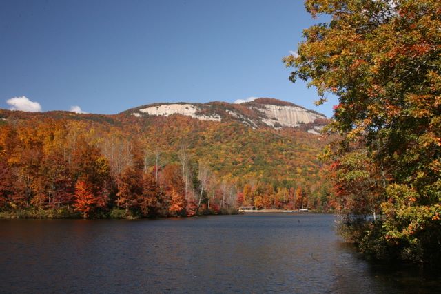 View of Table Rock Mt. from the Spillway with Pinnacle Lake in foreground